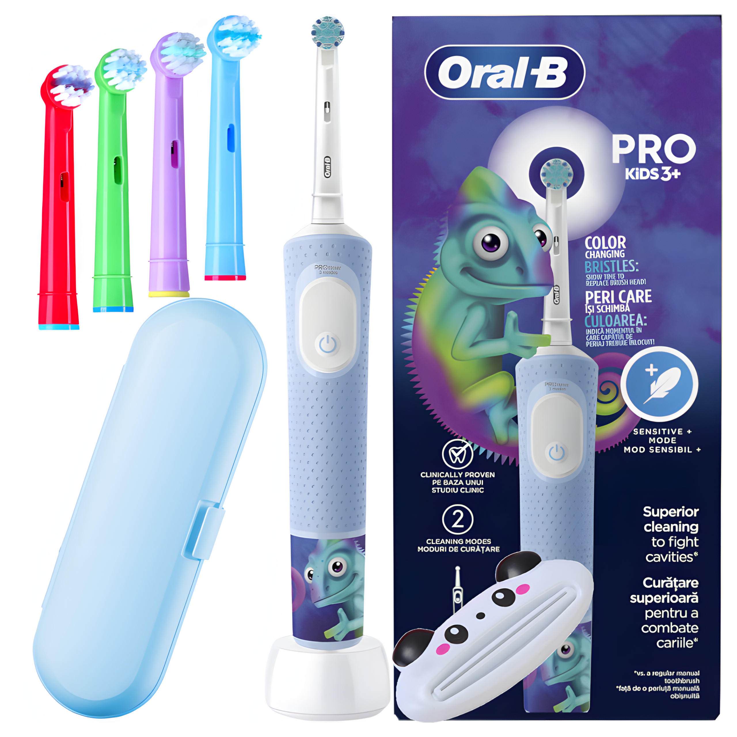 Zestaw, Oral-B Vitality Pro D103 Kids Kameleon - Szczoteczka dla Dzieci + Etui + 4 Końcówki + wyciskacz do pasty